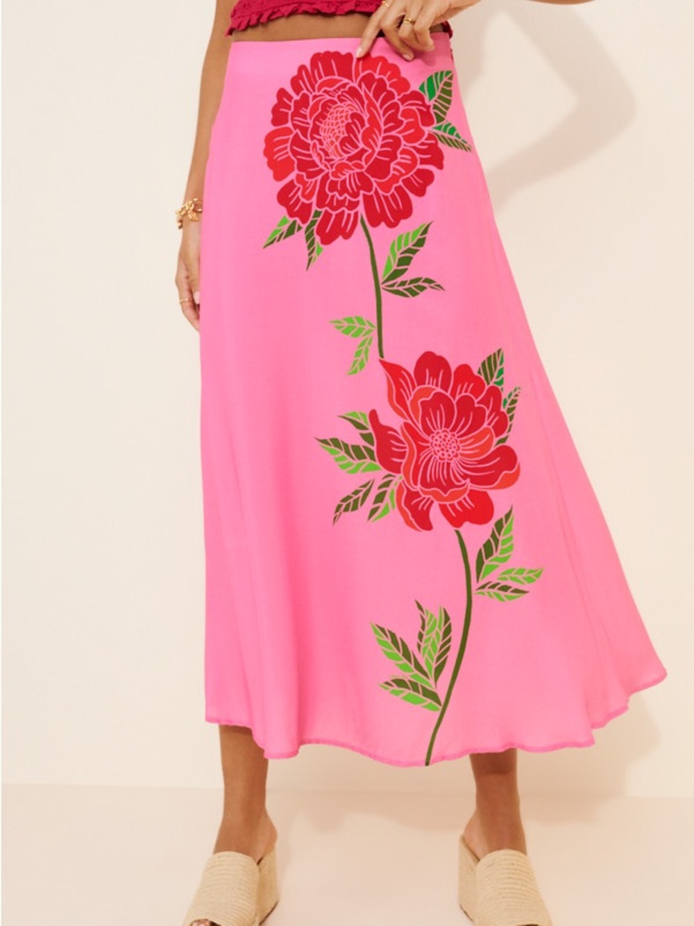 Farm Rio x Anthropologie Rose Motif Pink Maxi Skirt Floral Size M - Picture 5 of 12